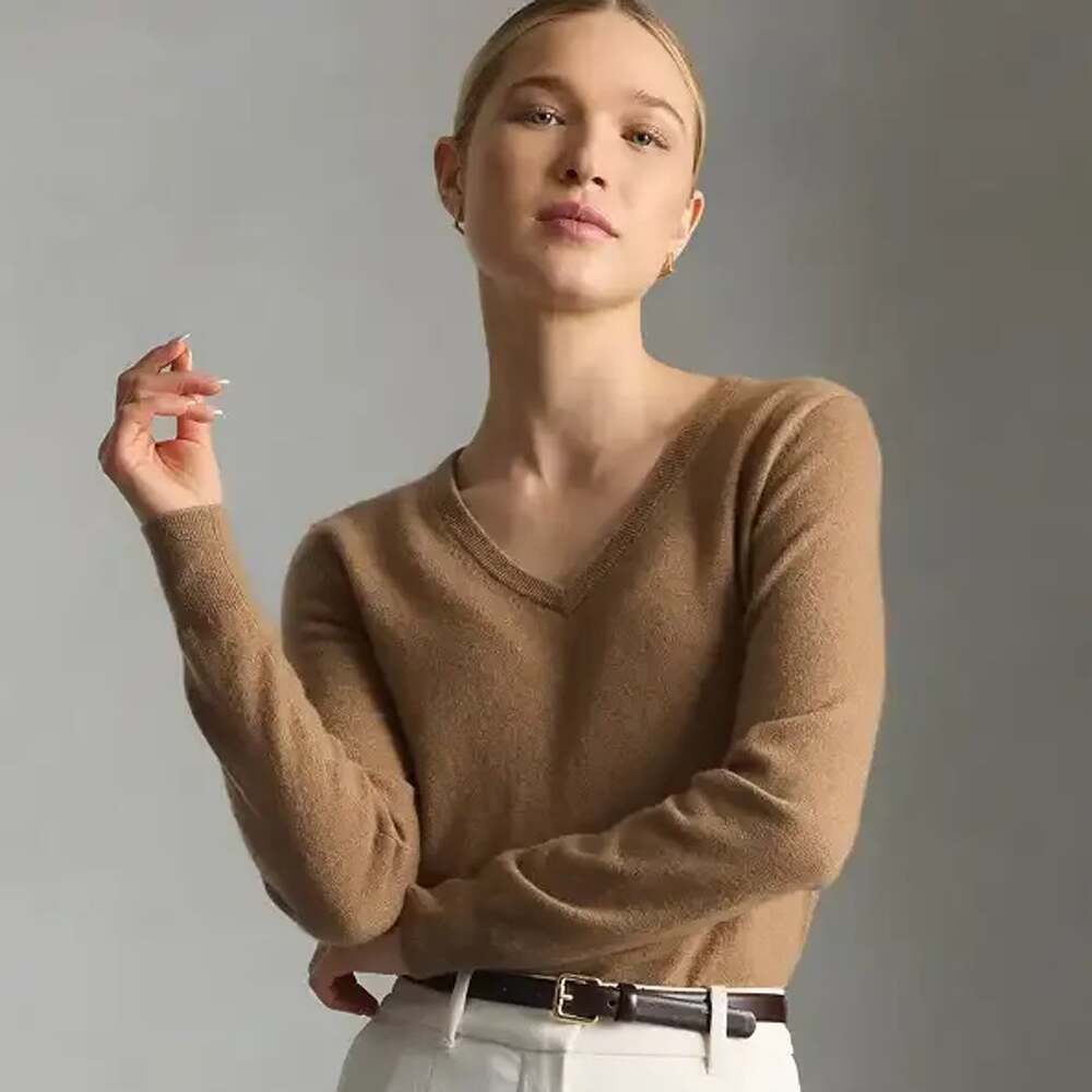 Quince Magnolia Cashmere V-Neck Sweater Camel Brown